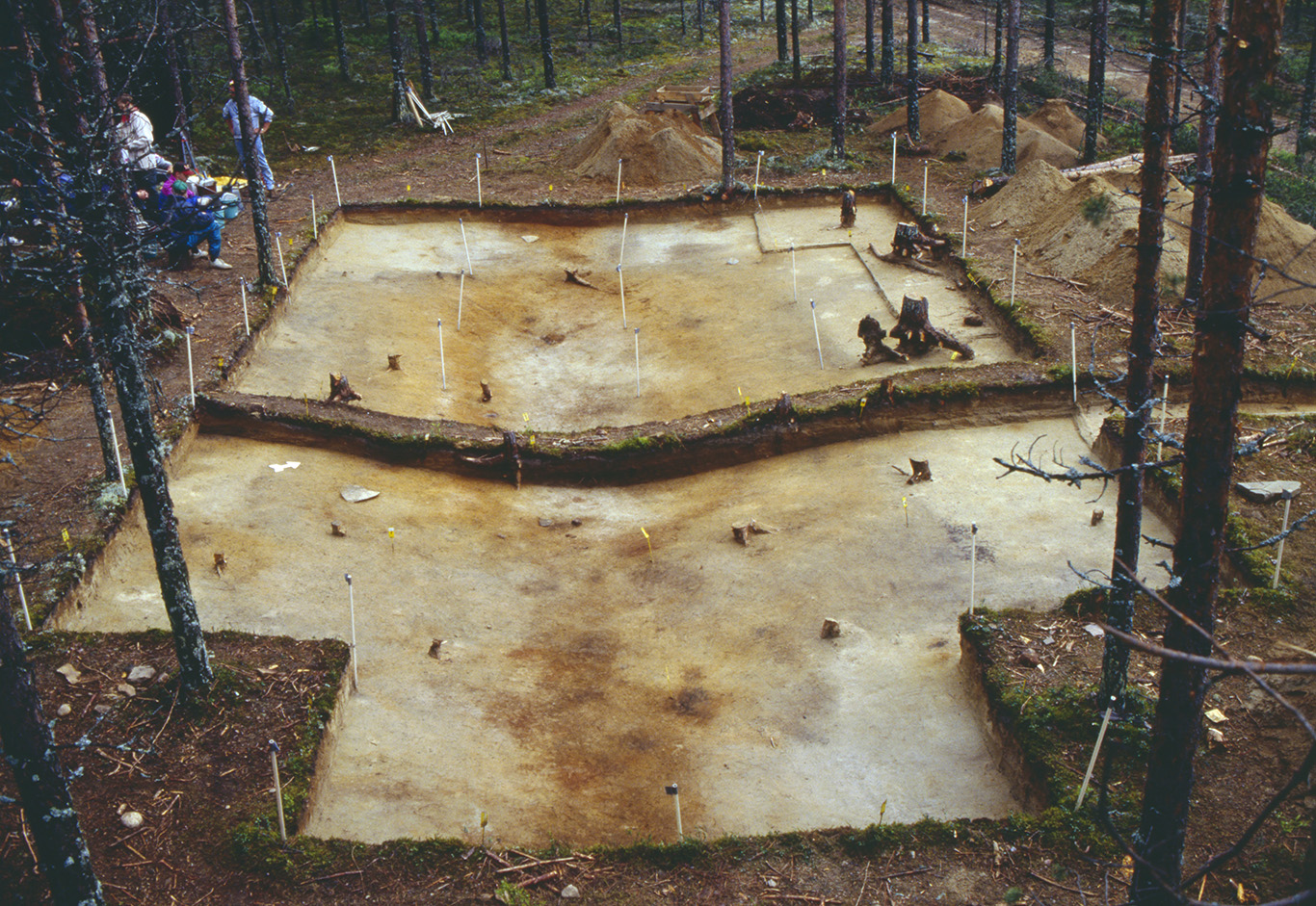 Kivikautisen talon pohja arkeologisten kaivausten jälkeen. Kaivausten myötä metsän maasta on otettu pintakerroksen kasvusto pois, jonka vuoksi erottuu talonpohjan muotoinen vaalea hiekkapohja.