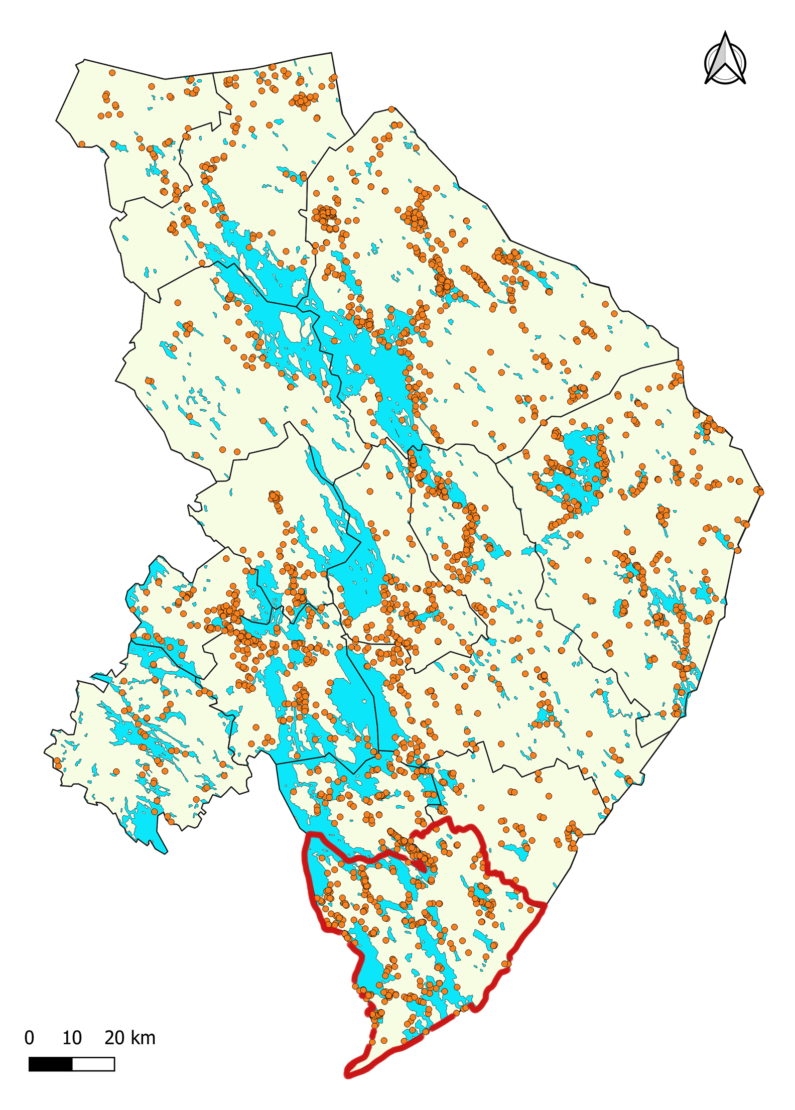 Kiteen alueen kiinteät muinaisjäännökset. Kartassa Kiteen kunnan rajat on piirretty punaisella, muut kunnat näkyvät mustin rajoin. Oranssit pallot kertovat löydöspaikoista. Vesistöt on merkitty sinisellä.