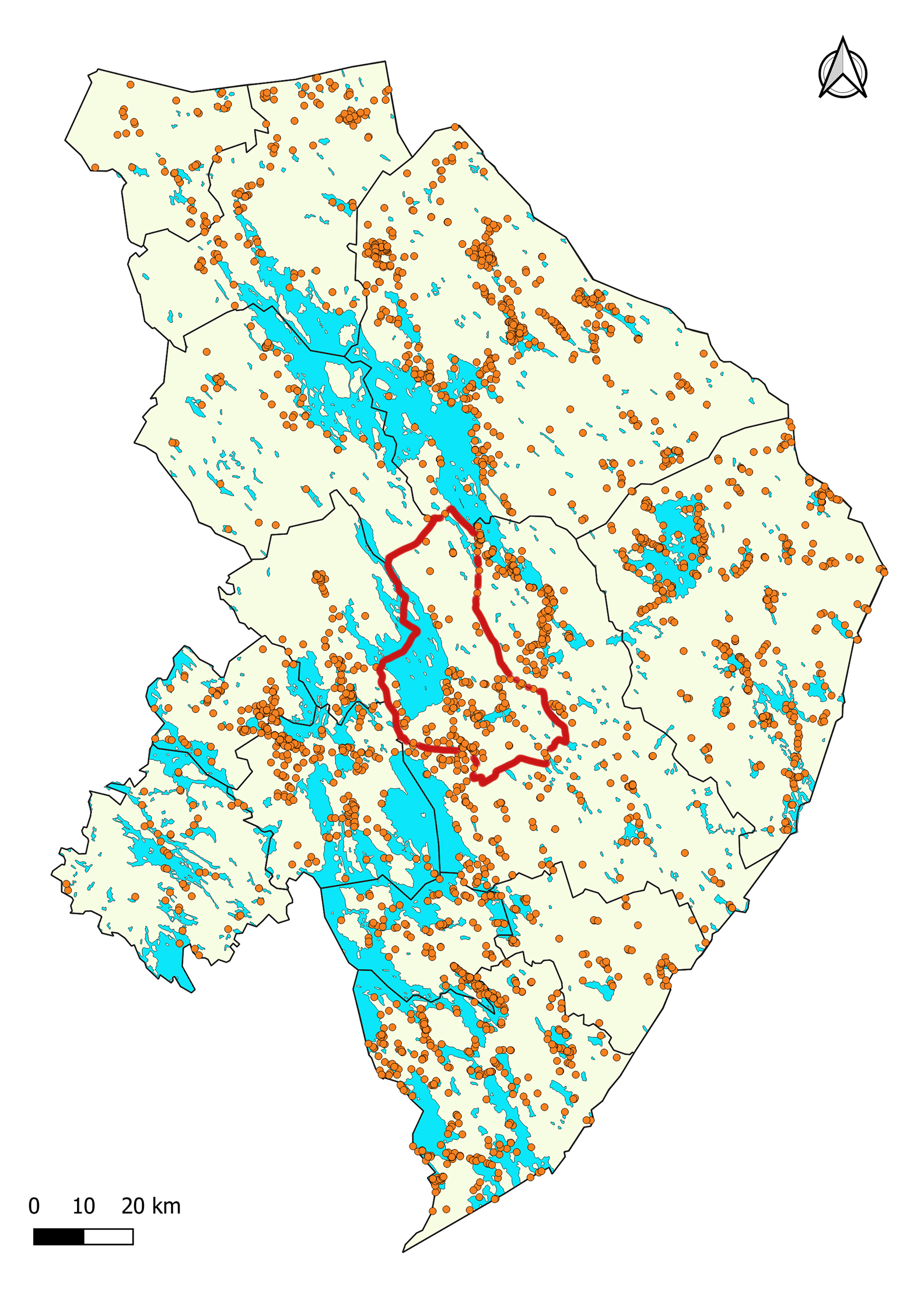 Kontiolahden alueen kiinteät muinaisjäännökset. Kartassa Joensuun kunnan rajat on piirretty punaisella, muut kunnat näkyvät mustin rajoin. Oranssit pallot kertovat löydöspaikoista. Vesistöt on merkitty sinisellä.