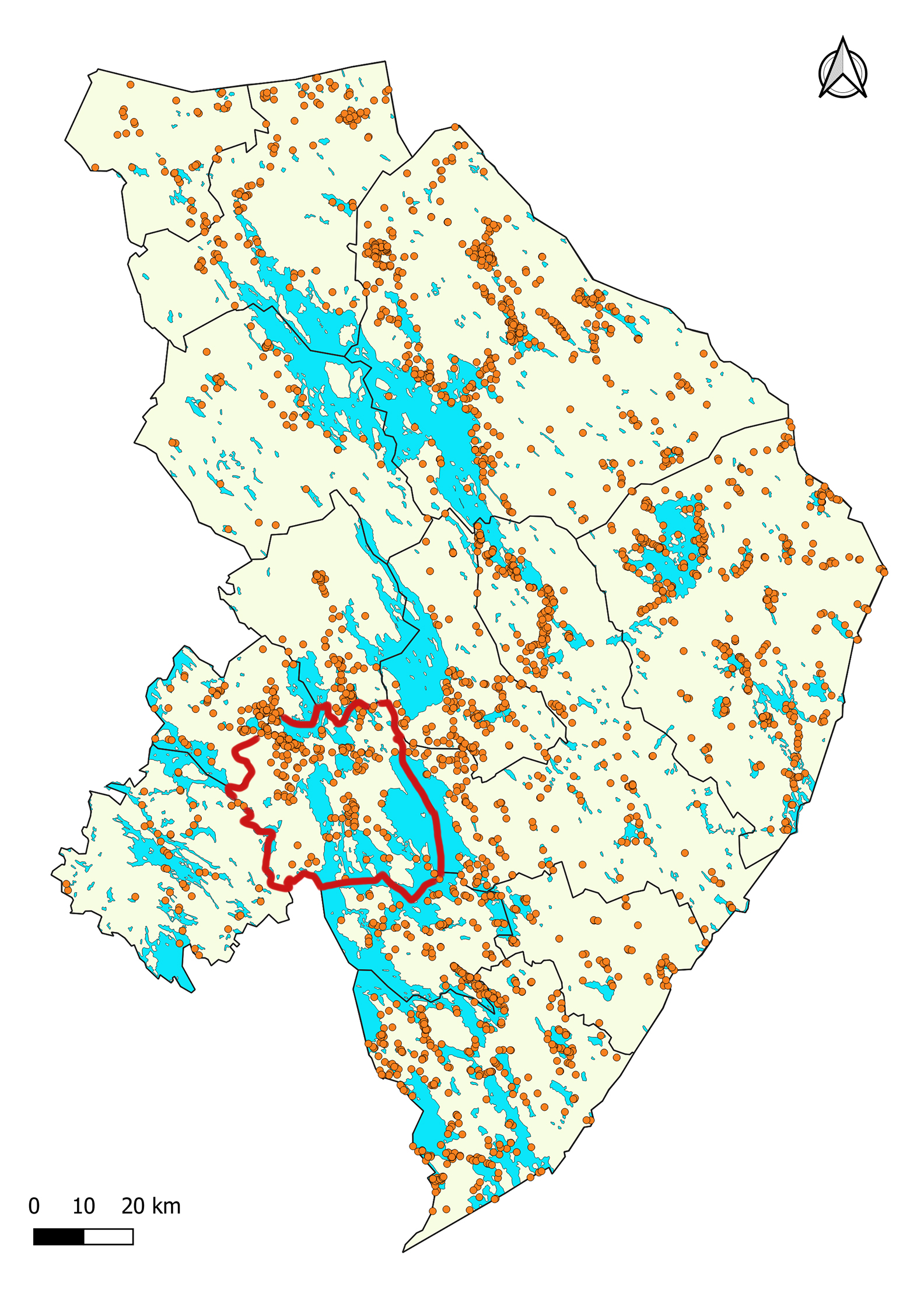 Liperin alueen kiinteät muinaisjäännökset. Kartassa Liperin kunnan rajat on piirretty punaisella, muut kunnat näkyvät mustin rajoin. Oranssit pallot kertovat löydöspaikoista. Vesistöt on merkitty sinisellä.