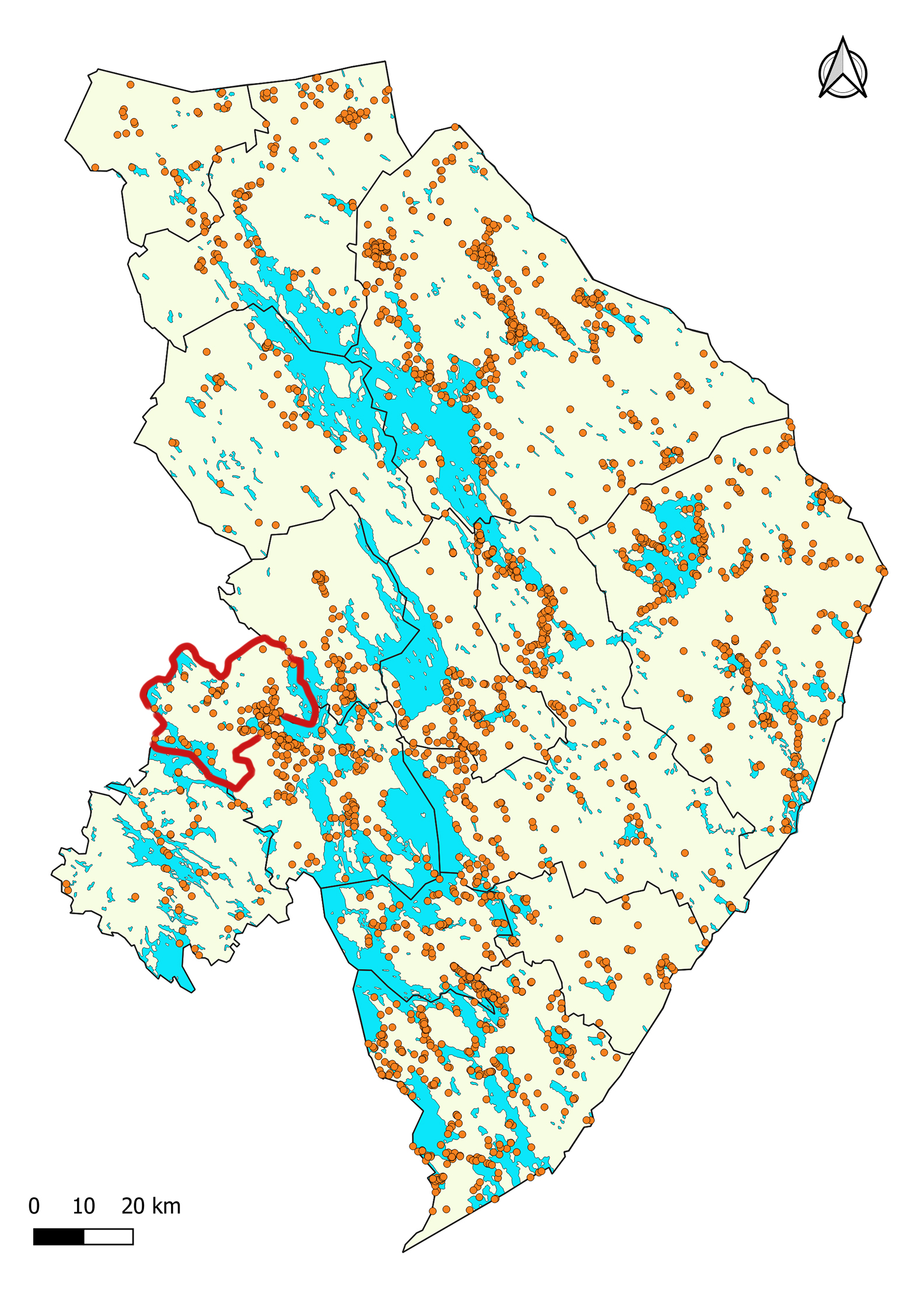 Outokummun alueen kiinteät muinaisjäännökset. Kartassa Outokummun kunnan rajat on piirretty punaisella, muut kunnat näkyvät mustin rajoin. Oranssit pallot kertovat löydöspaikoista. Vesistöt on merkitty sinisellä.