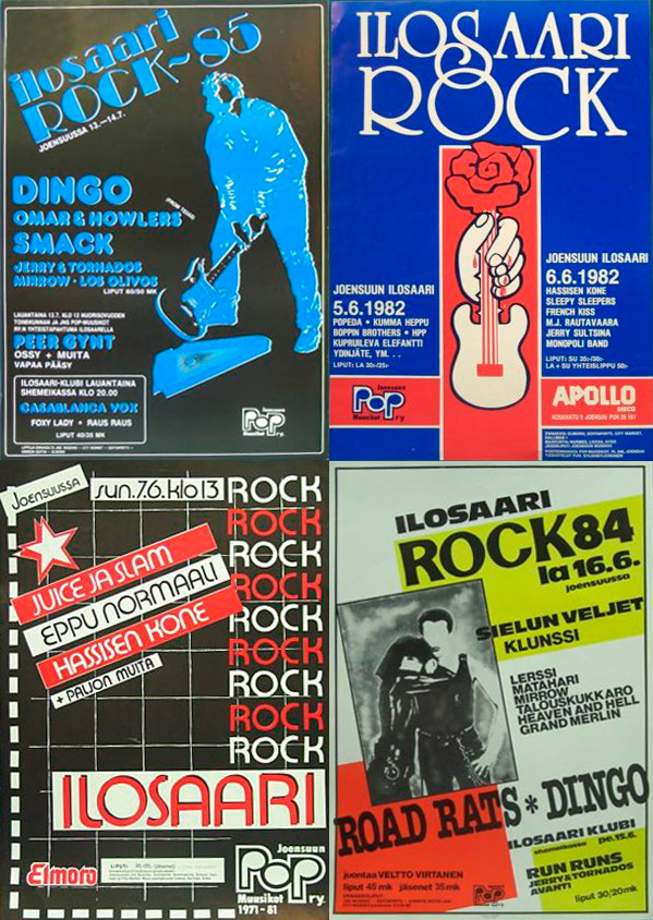 Ilosaarirock-festivaalin julisteita 1980-luvulta.