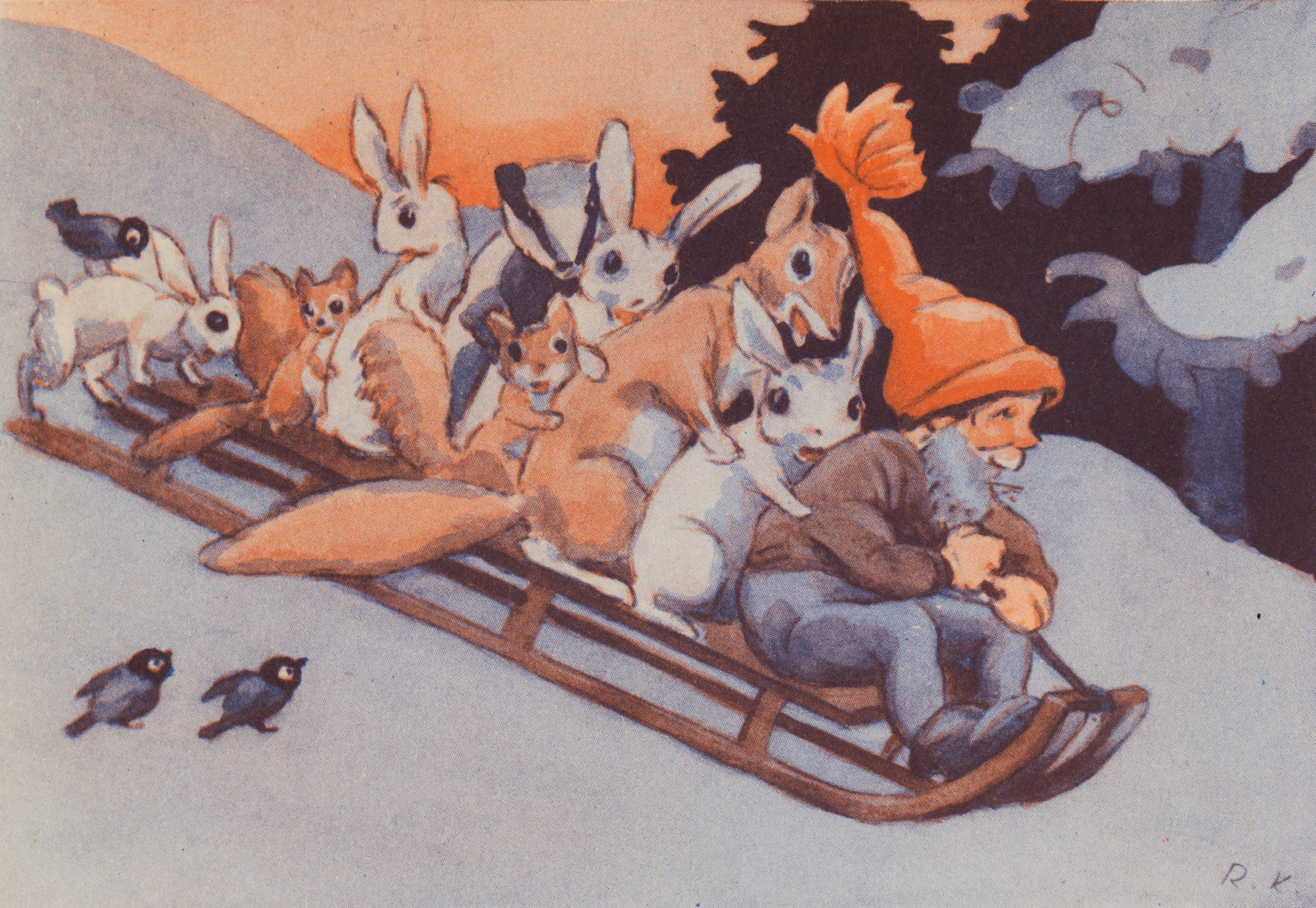 Rudolf Koivun satukirjakuvitus, jossa tonttu ja metsäneläimet laskevat pulkalla mäkeä.