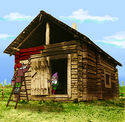 Kuva vanhasta hirsitalosta, jossa piirretyt tonttuhahmot korjaavat ja maalaavat taloa.