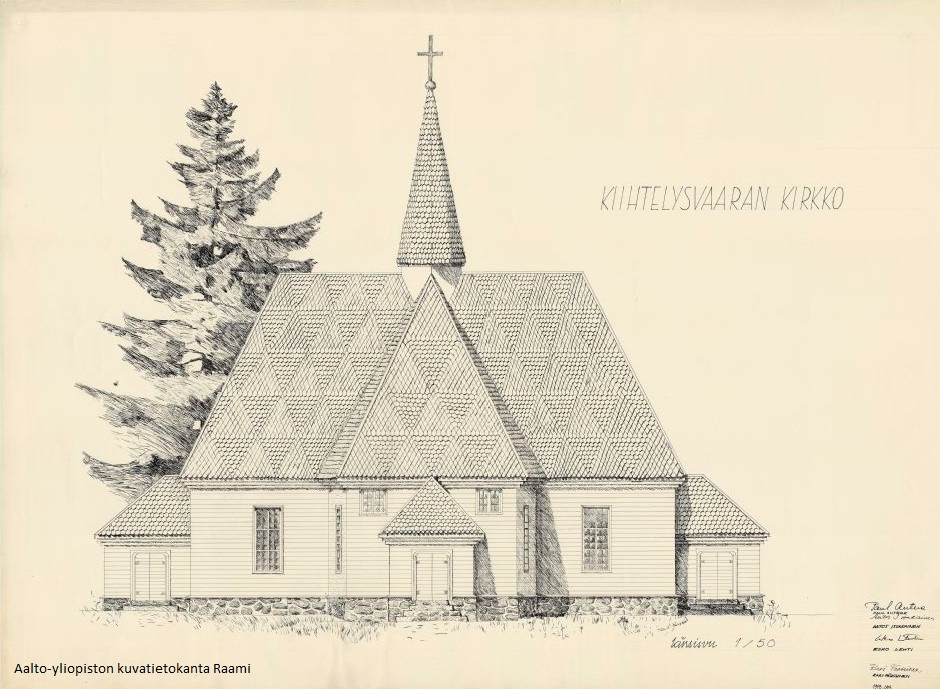 Piirroskuva Kiihtelysvaaran palaneesta kirkosta.